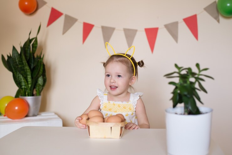 little girl wishes happy Easter, holiday card with natural eggs