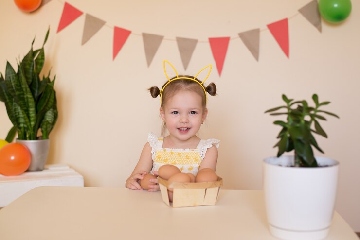 little girl wishes happy Easter, holiday card with natural eggs