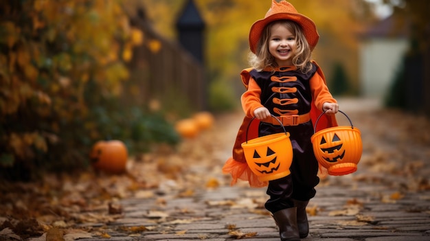 ハロウィーンのトリック・オア・トリートで楽しむ魔女の衣装を着た小さな女の子