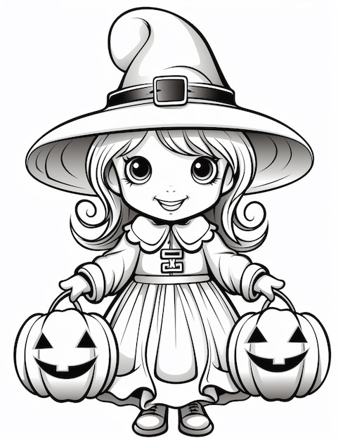 A little girl in a witch costume holding two pumpkins generative ai