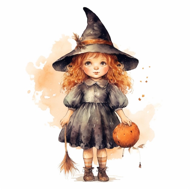 A little girl in a witch hat with a pumpkin on her head