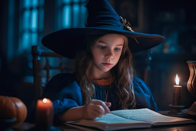 Little girl witch in witches hat reading magic book in library Fairytale concept Halloween concept