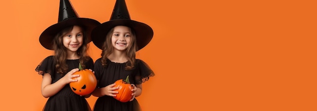 オレンジ色の背景にカボチャとキャンディーのバケツを持つ小さな女の子の魔女 AI が生成