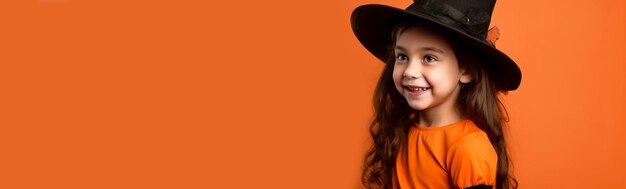 Photo little girl witches with pumpkins and candy buckets on orange background ai generated