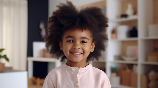 a little girl with an afro is smiling for the camera