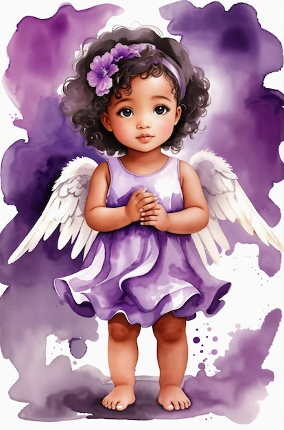 天使の羽と紫のドレスを着た小さな女の子。