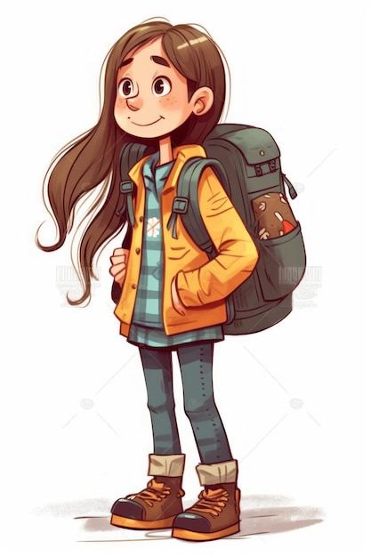 冒険のためのバックパックのイラストを持つ小さな女の子