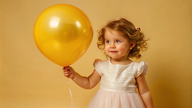 a little girl with a balloon that says the word on it