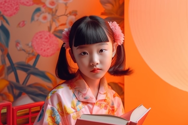 A little girl with black hair and a pink kimono reading a book.