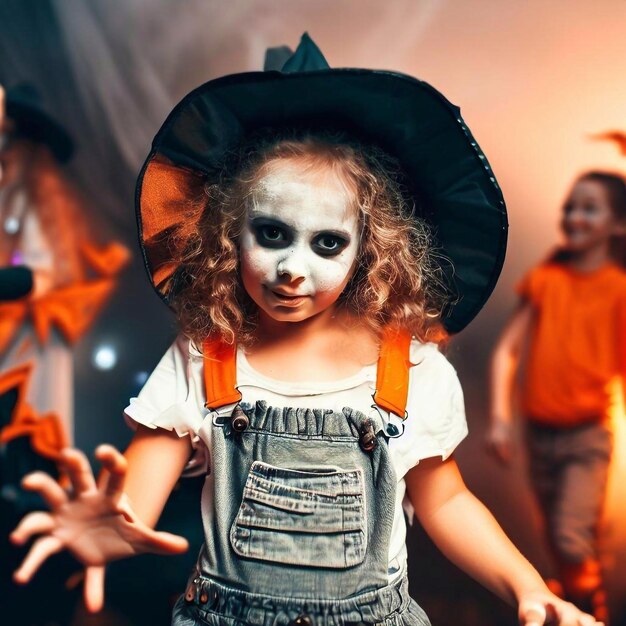 a little girl with a black hat and a black hat that says " scary ".