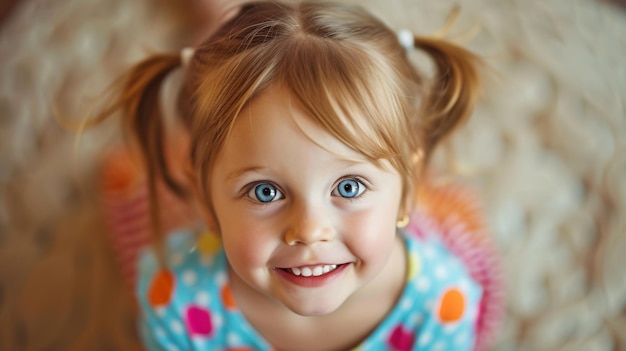 Photo little girl with blond hair and blue eyes smiling she is wearing a colorful dress with polka dots