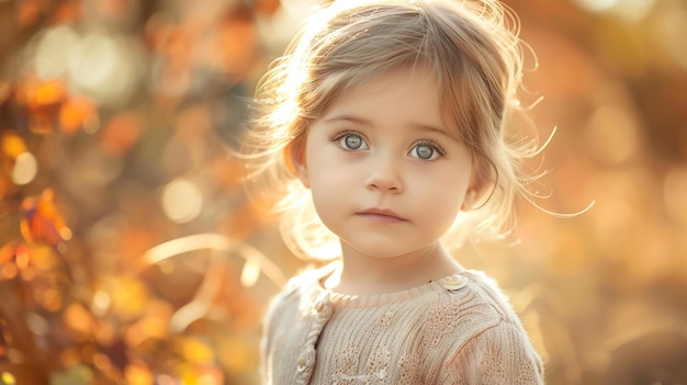 Little girl with blonde hair and blue eyes looking at the camera with a serious expression on her face