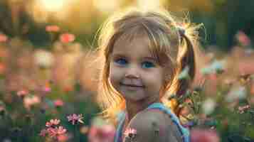 Photo little girl with blonde hair and blue eyes smiling in a field of flowers