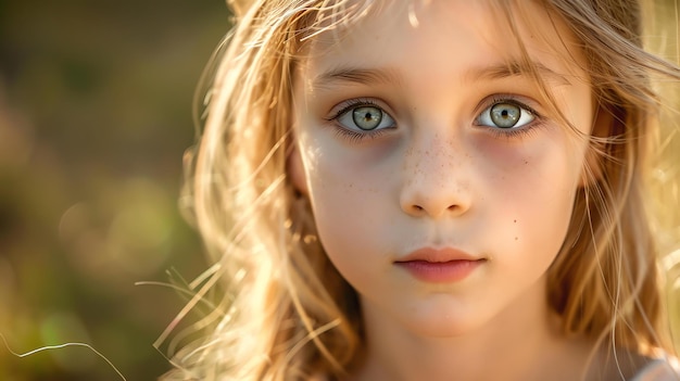 Photo little girl with blonde hair and green eyes looking at the camera with a serious expression