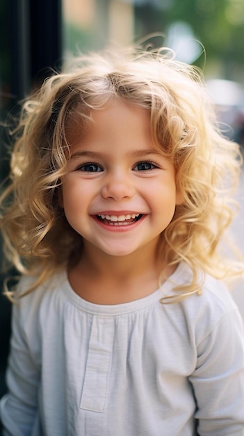 a little girl with blonde hair smiling at the camera