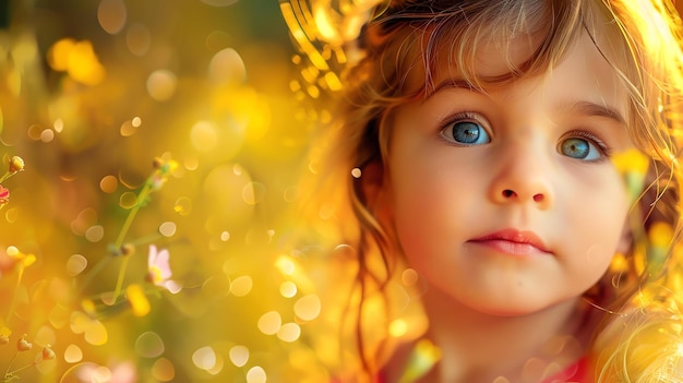 Маленькая девочка с голубыми глазами и светлыми волосами Она носит венок из цветов и смотрит в камеру
