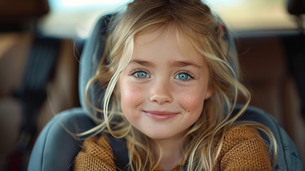 Little Girl With Blue Eyes in Car Seat