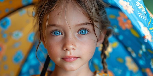 파란 눈 을 가진 작은 소녀 가 우산을 들고