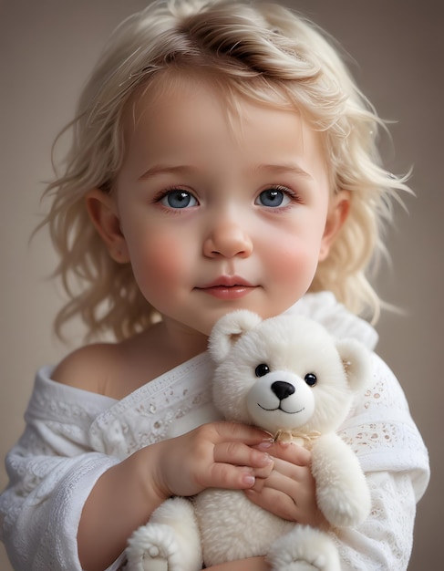 a little girl with blue eyes holds a teddy bear