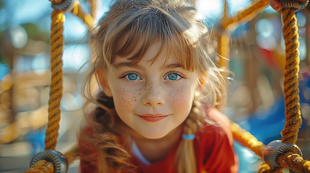 a little girl with blue eyes and a red shirt with a freckles on it