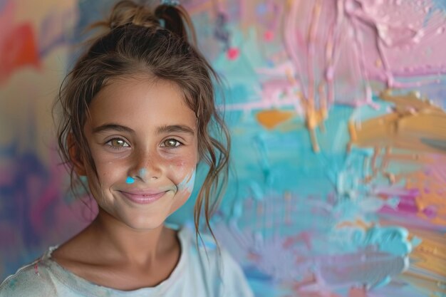 Photo little girl with blue paint on face