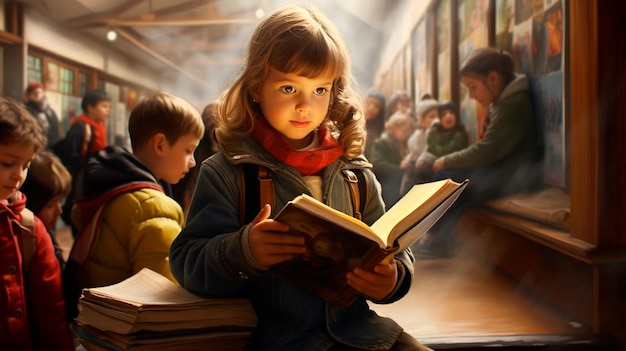 Photo little girl with books and a glass