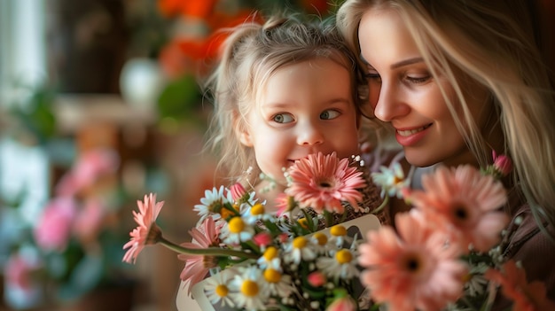 Photo a little girl with a bouquet of flowers in her hands to her mother