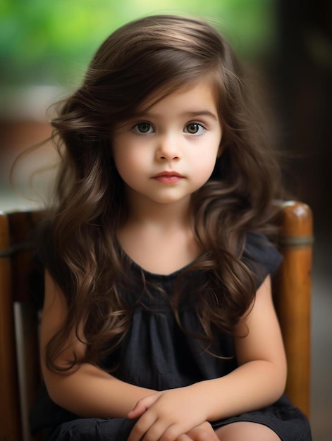 Photo a little girl with brown hair and a black dress is sitting in a chair