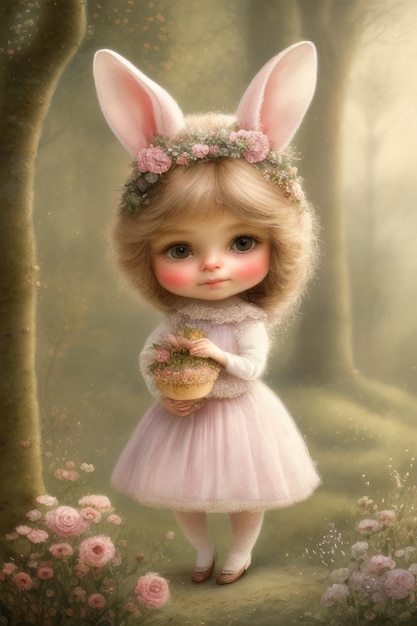 토끼 귀와 꽃 바구니를 가진 어린 소녀