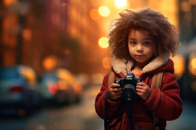 A little girl with a camera in her hands is standing in the street.