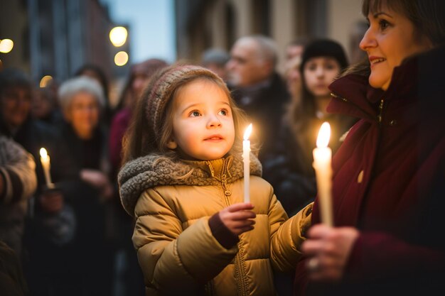 写真 カレンダーデーの祝祭でろうそくを持った小さな女の子