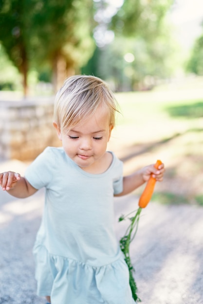 Little girl with a carrot in her hand stands in the park portrait