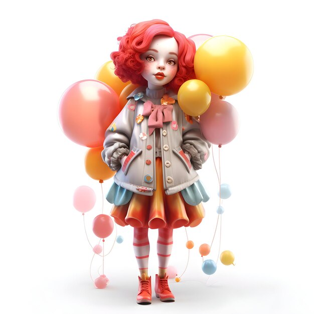 Little girl with colorful balloons on a white background 3d rendering