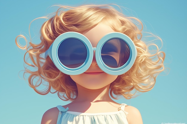 a little girl with colorful sunglasses in summer fashion design on beach