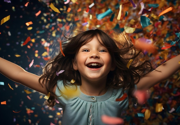 A little girl with confetti thrown around her for celebration