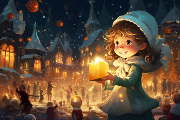 Photo little girl with cube candle outdoors festive christmas