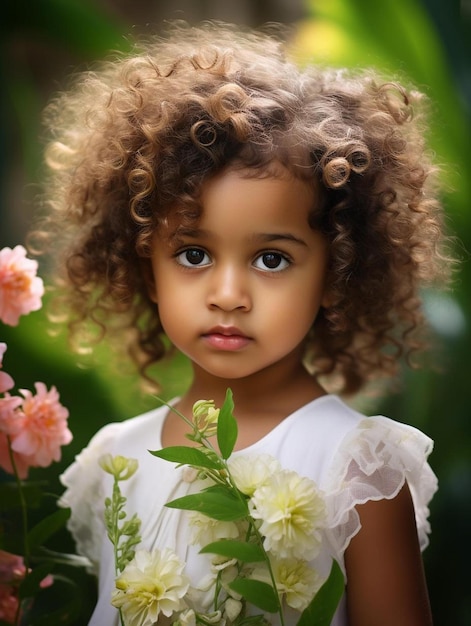 Photo a little girl with curly hair and a flower in her hair