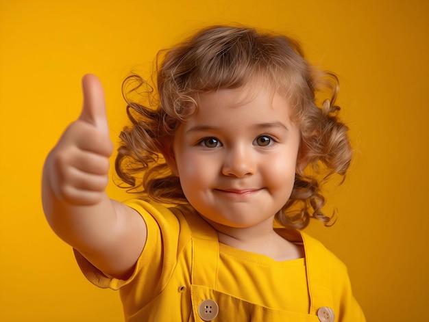 A little girl with curly hair giving thumbs up
