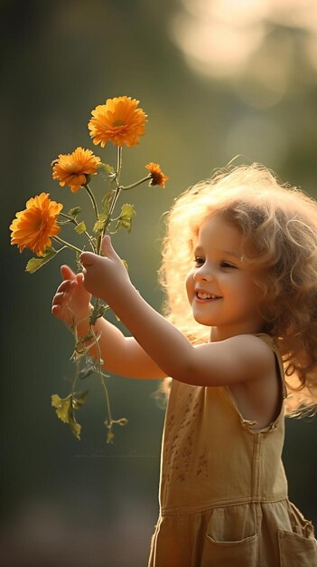 a little girl with curly hair holds up a flower in her hand