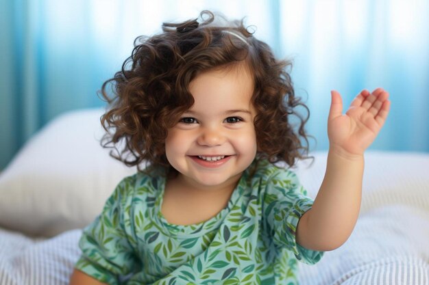 a little girl with curly hair is waving and waving