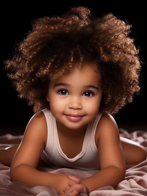 Photo a little girl with curly hair laying on a bed