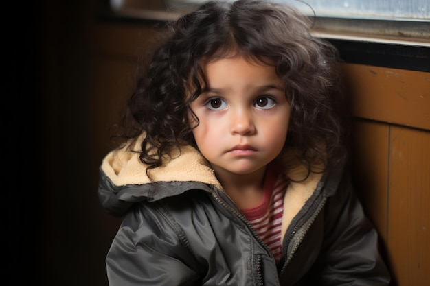 Photo a little girl with curly hair sitting on a bench