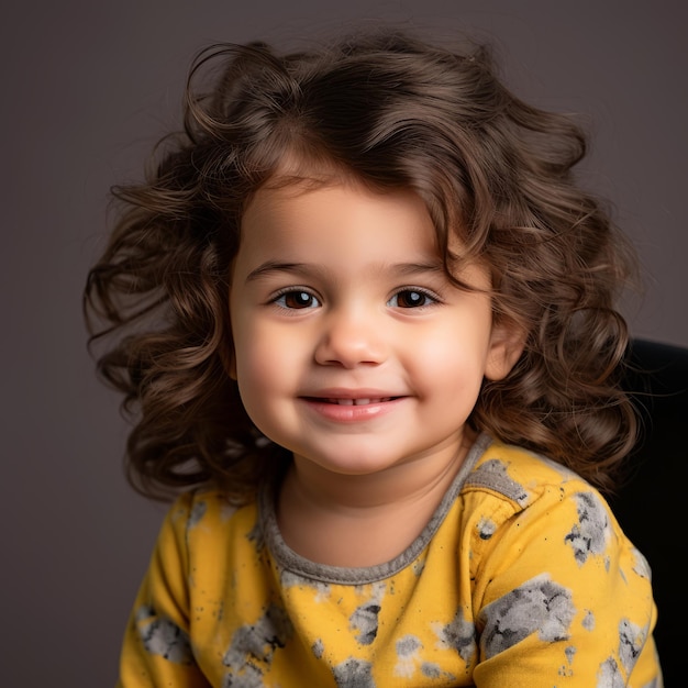 a little girl with curly hair sitting in a chair