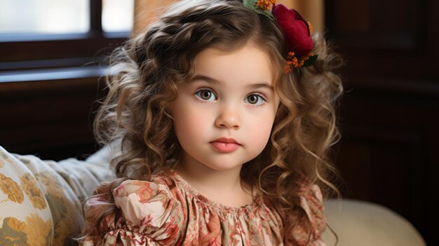 Photo a little girl with curly hair sitting on a couch