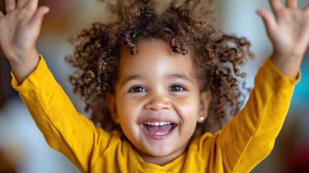 A little girl with curly hair smiling and holding her hands up ai