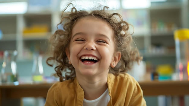 a little girl with curly hair smiling and laughing