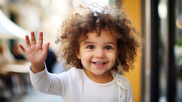 Photo a little girl with curly hair waving and smiling