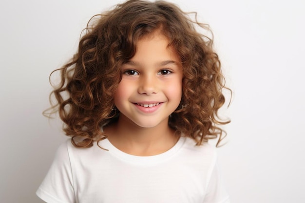 a little girl with curly hair wearing a white shirt