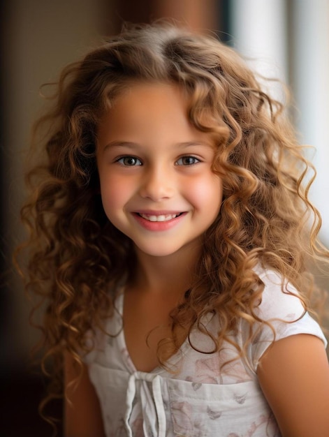 Photo a little girl with curly hair and a white dress