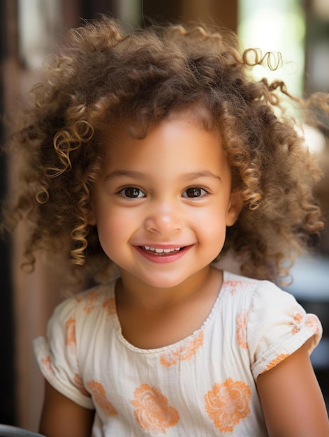 Photo a little girl with curly hair and a white shirt